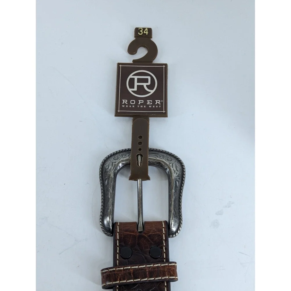 Roper Mens Brown Leather Suede Western Belt Alligator Embossed Buckle 34